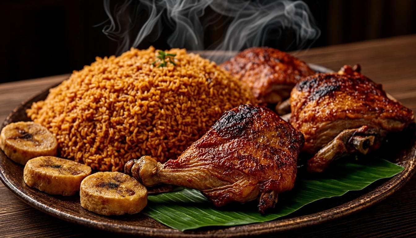 A delicious plate of Nigerian jollof rice served with grilled chicken